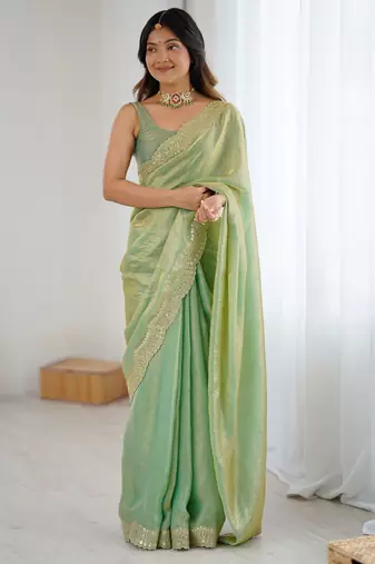 Green color stylish fendy satin silk fabric bollywood style saree
