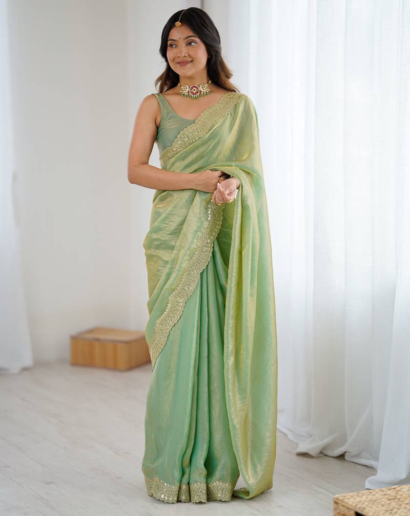 Green color stylish fendy satin silk fabric bollywood style saree