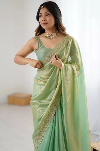 Green stylish satin silk blend style saree