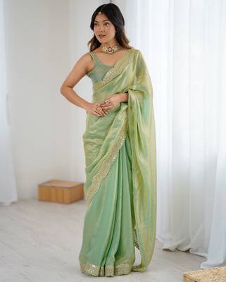 Green stylish satin silk blend style saree 5
