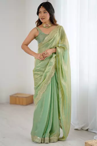 Green stylish satin silk blend style saree