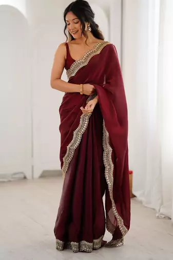 Maroon color stylish fendy satin silk fabric bollywood style saree