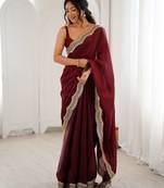 Maroon color stylish fendy satin silk fabric bollywood style saree