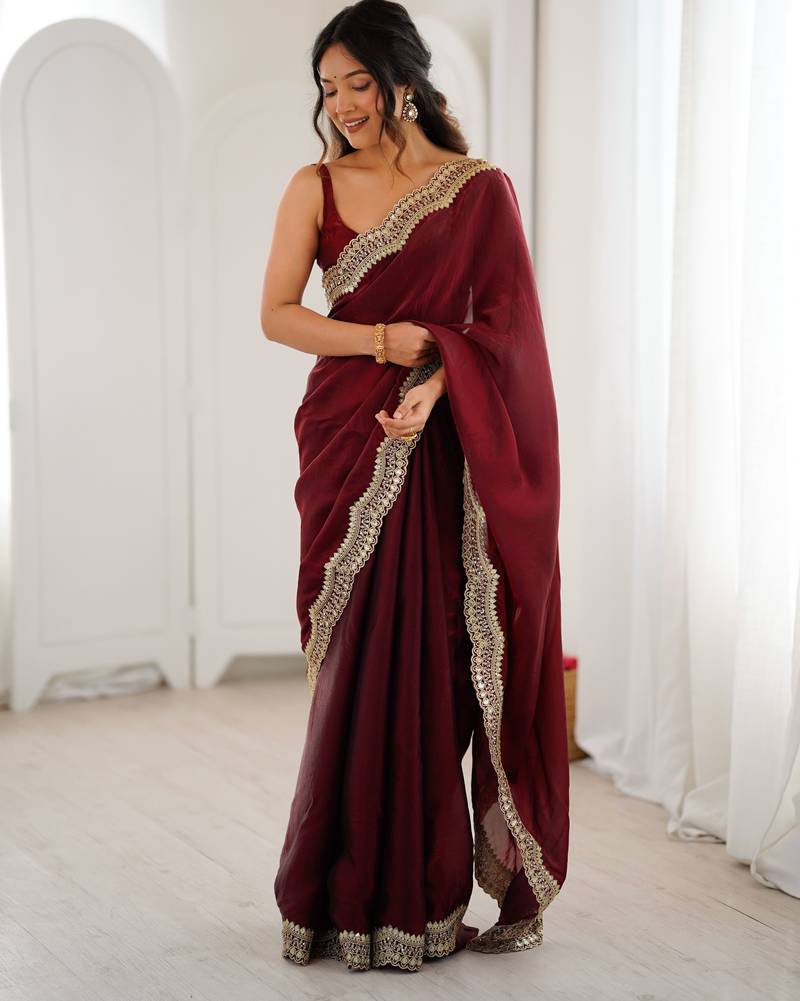 Maroon color stylish fendy satin silk fabric bollywood style saree