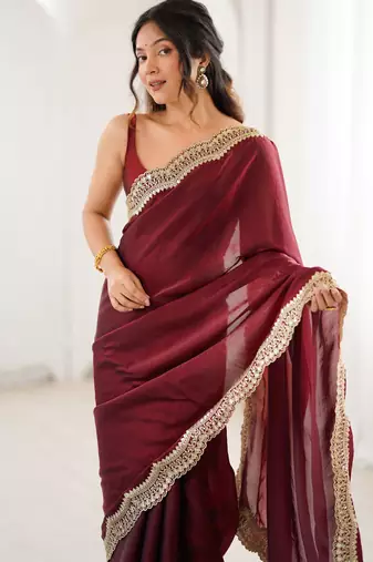 Maroon stylish satin silk blend style saree