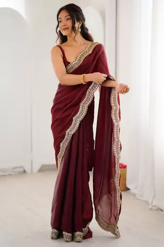 Maroon stylish satin silk blend style saree