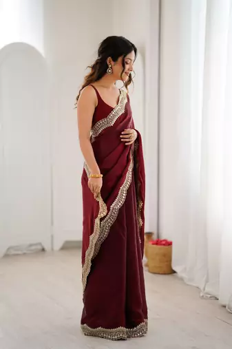 Maroon stylish satin silk blend style saree