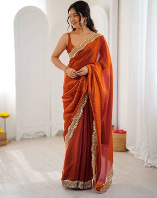 Orange stylish satin silk blend style saree 1