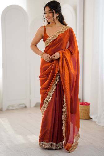 Orange color stylish fendy satin silk fabric bollywood style saree