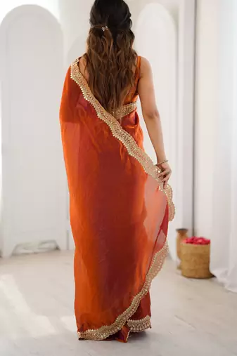 Orange stylish satin silk blend style saree