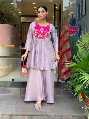 Stylish purple kurti set with pink floral embroidered yoke 1