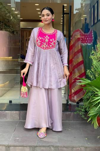 Stylish purple kurti set with pink floral embroidered yoke