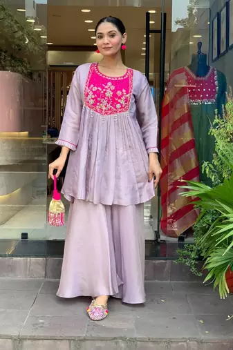 Stylish purple kurti set with pink floral embroidered yoke
