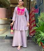 Stylish purple kurti set with pink floral embroidered yoke