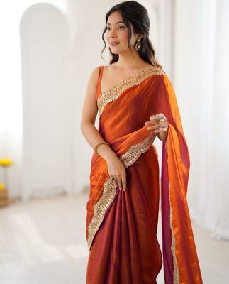 Orange stylish satin silk blend style saree 3