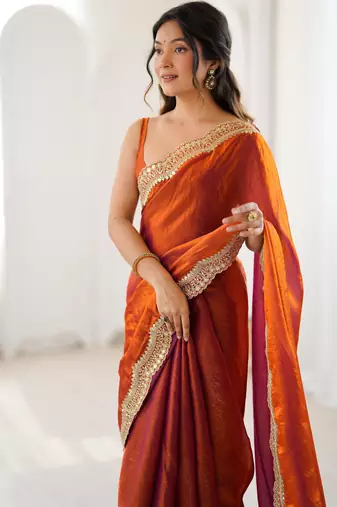 Orange stylish satin silk blend style saree