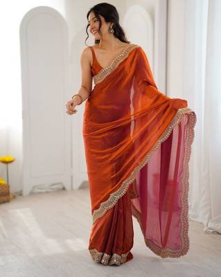 Orange stylish satin silk blend style saree 4