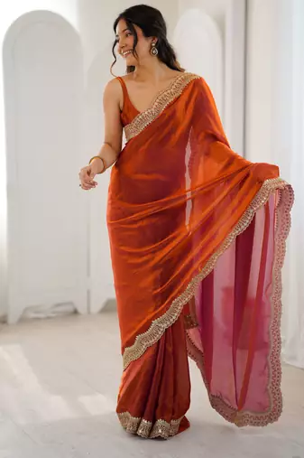 Orange stylish satin silk blend style saree