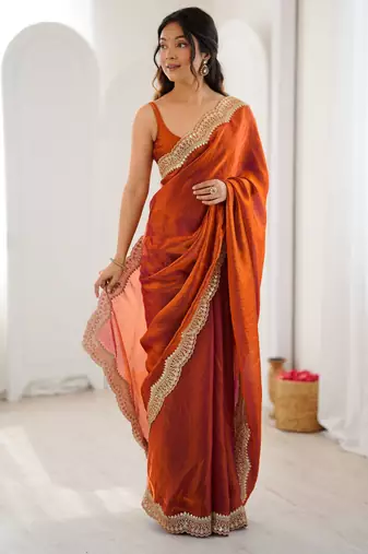 Orange stylish satin silk blend style saree