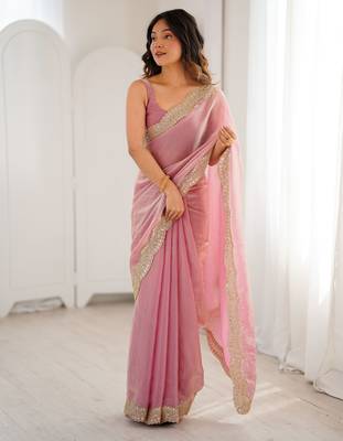 Pink stylish satin silk blend style saree 1