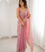 Pink color stylish fendy satin silk fabric bollywood style saree