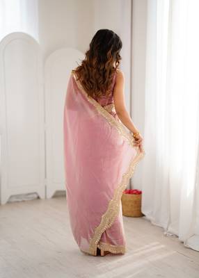 Pink stylish satin silk blend style saree 2
