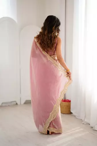 Pink stylish satin silk blend style saree
