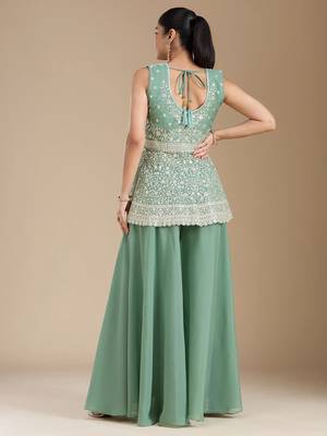 Teal color star georgette party wear peplum sharara set 3