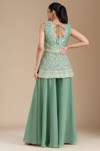 Teal color star georgette party wear designer peplum sharara set