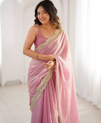 Pink stylish satin silk blend style saree 3