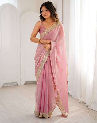 Pink stylish satin silk blend style saree 4