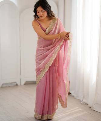 Pink stylish satin silk blend style saree 5