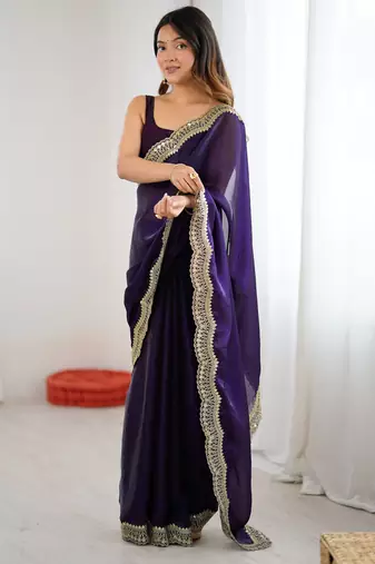 Purple color stylish fendy satin silk fabric bollywood style saree