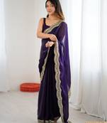 Purple color stylish fendy satin silk fabric bollywood style saree