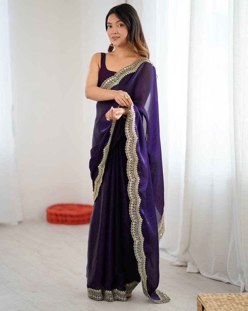 Purple color stylish fendy satin silk fabric bollywood style saree