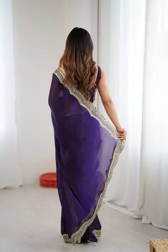 Purple stylish satin silk blend style saree