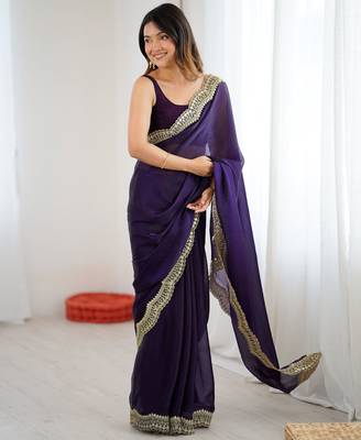 Purple stylish satin silk blend style saree 4