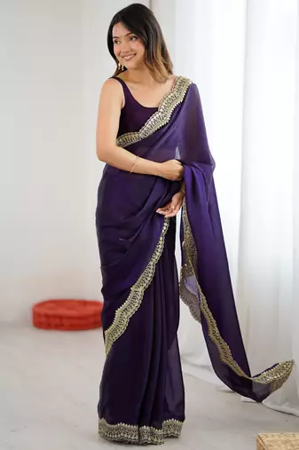 Purple stylish satin silk blend style saree