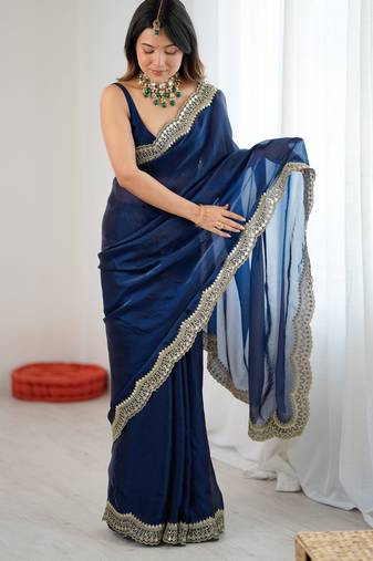 Teal color stylish fendy satin silk fabric bollywood style saree