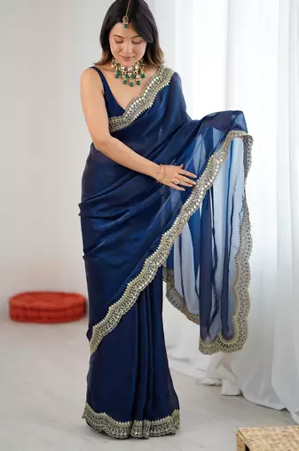 Teal color stylish fendy satin silk fabric bollywood style saree
