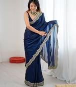 Teal color stylish fendy satin silk fabric bollywood style saree