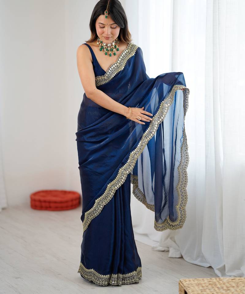 Teal color stylish fendy satin silk fabric bollywood style saree