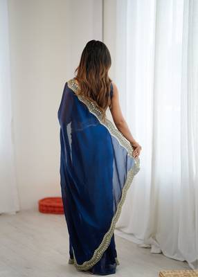 Teal stylish satin silk blend style saree 2