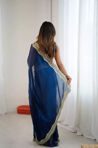 Teal stylish satin silk blend style saree