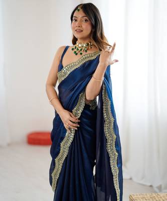 Teal stylish satin silk blend style saree 3