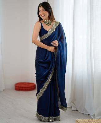 Teal stylish satin silk blend style saree 4