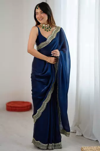 Teal stylish satin silk blend style saree