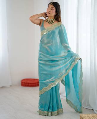 Sky blue stylish satin silk blend style saree 1