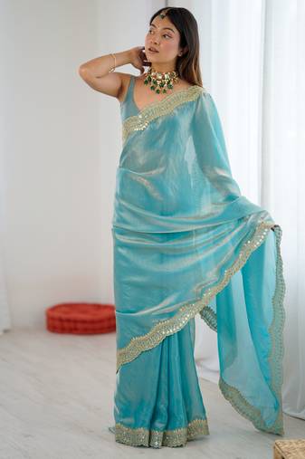 Sky blue color stylish fendy satin silk fabric bollywood style saree