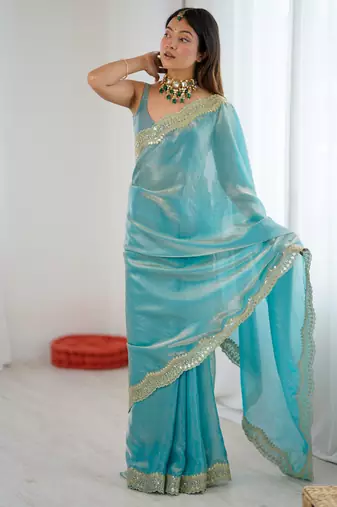 Sky blue color stylish fendy satin silk fabric bollywood style saree